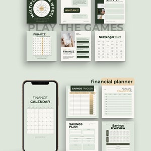 May include: A printable financial planner with a green and white color scheme. The planner includes a calendar, savings tracker, savings plan, and annual finances tracker. The planner also includes a word search, scavenger hunt, and multiplication wheel game.