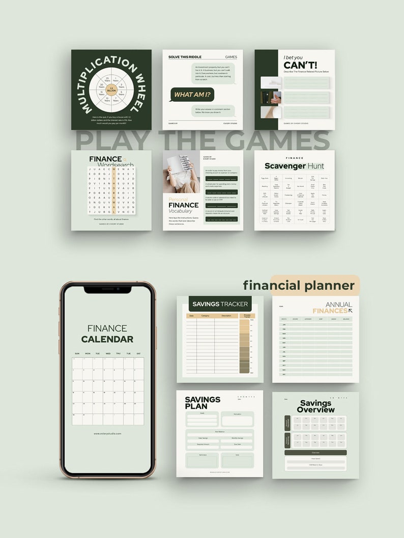 May include: A printable financial planner with a green and white color scheme. The planner includes a calendar, savings tracker, savings plan, and annual finances tracker. The planner also includes a word search, scavenger hunt, and multiplication wheel game.