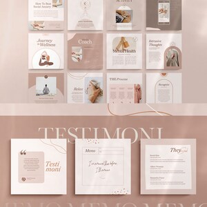 May include: A digital marketing template for a mental health coach or wellness instructor. The template features a light brown background with a white grid of squares. Each square contains a different image and text related to mental health. The text includes phrases like "How to Beat Social Anxiety", "Journey to Wellness", "Coach", "Intrusive Thoughts", "Mental Health", "The Process", "Recognize", and "Relax". The template also includes a section for testimonials with the text "Testimonials" and "Memo".