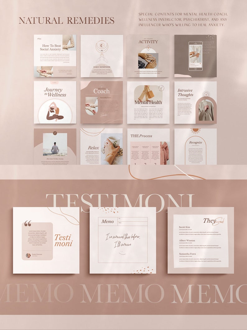 May include: A digital marketing template for a mental health coach or wellness instructor. The template features a light brown background with a white grid of squares. Each square contains a different image and text related to mental health. The text includes phrases like "How to Beat Social Anxiety", "Journey to Wellness", "Coach", "Intrusive Thoughts", "Mental Health", "The Process", "Recognize", and "Relax". The template also includes a section for testimonials with the text "Testimonials" and "Memo".