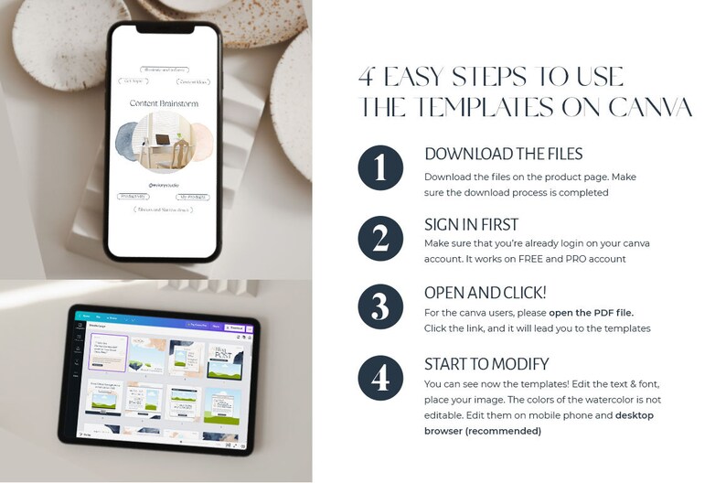 以下が含まれることがあります： Canvaテンプレートを使用する4つの手順。ファイルをダウンロードし、サインインして、PDFファイルを開き、編集を開始します。画像は、Canvaテンプレートが表示された携帯電話の画面と、Canvaプロジェクトが開かれたラップトップの画面を示しています。