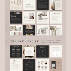 May include: A black and white graphic design with the text "Inspiring Lessons" and "Tips Hack and Clue". The graphic design is divided into 12 squares, each with a different design and text. The text includes "Brand vs Branding", "Social Media", "A Guide to Emotional Branding", "Branding Tips", "Success", "10 Branding List", "Don't", "Tasks", "Getting Started", "Tips", "The Way Get Started Is To Quit Talking And Begin Doing", "Management Schedule", "Successful Rebrand", and "16 Days".