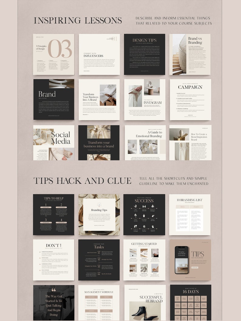 May include: A black and white graphic design with the text "Inspiring Lessons" and "Tips Hack and Clue". The graphic design is divided into 12 squares, each with a different design and text. The text includes "Brand vs Branding", "Social Media", "A Guide to Emotional Branding", "Branding Tips", "Success", "10 Branding List", "Don't", "Tasks", "Getting Started", "Tips", "The Way Get Started Is To Quit Talking And Begin Doing", "Management Schedule", "Successful Rebrand", and "16 Days".