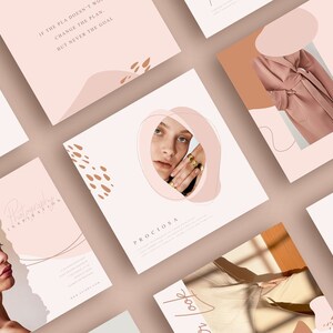 May include: A set of six social media post templates with a pink and brown color scheme. The templates feature abstract shapes, text, and images of people. The text on the templates includes the phrases "Wanderlust", "Prociosa", "Summer Vibes", "Into", "Ir Look", and "If the plan doesn't work, change the plan, but never the goal."