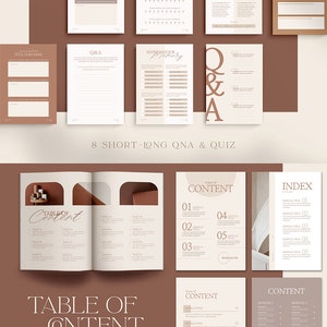 May include: A digital planner template with a brown and beige color scheme. The template includes pages for quotes, questions and answers, content, and tips and tricks. The text "Quotes, Choose Your Style, available in 7 options" is at the top of the page.