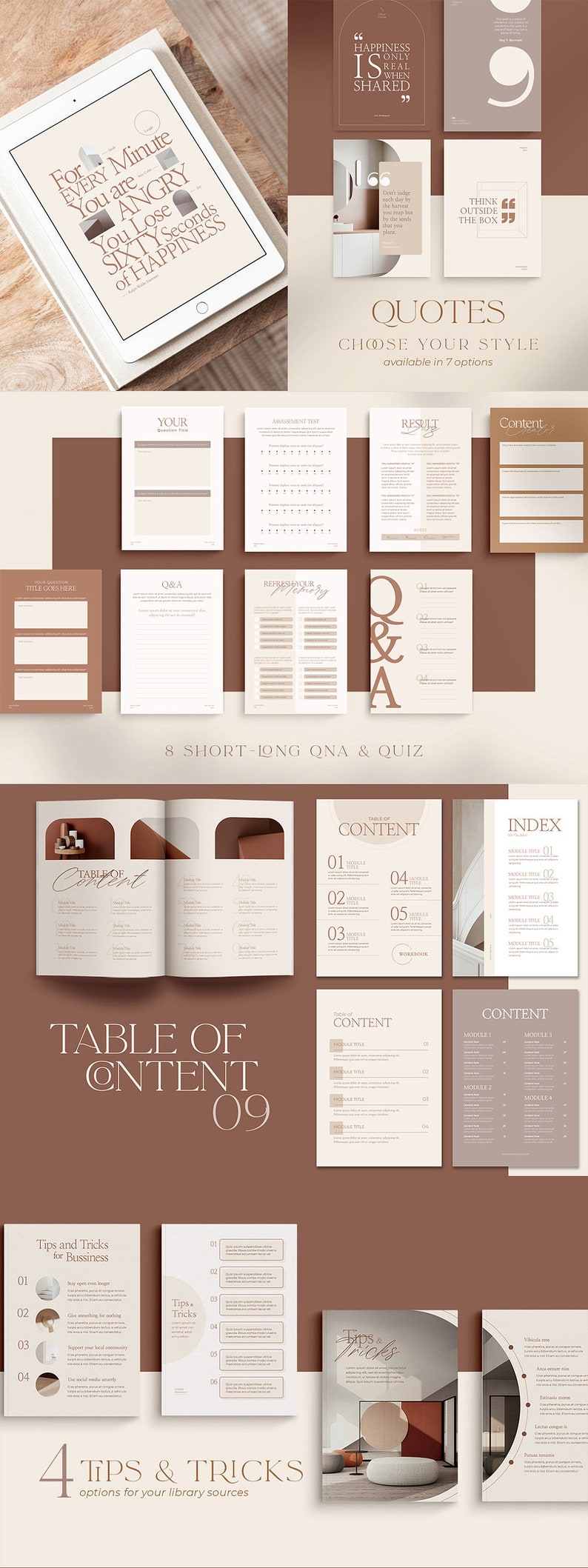 May include: A digital planner template with a brown and beige color scheme. The template includes pages for quotes, questions and answers, content, and tips and tricks. The text "Quotes, Choose Your Style, available in 7 options" is at the top of the page.