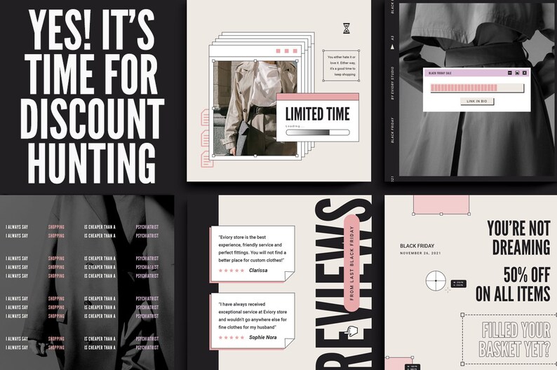 K&ouml;nnte beinhalten: Eine Collage aus Bildern, die einen Black Friday Sale bewerben. Die Bilder zeigen einen Countdown-Timer, eine Frau in einem Mantel und Text, der lautet: "Du tr&auml;umst nicht 50% Rabatt auf alle Artikel. Hast du deinen Warenkorb gef&uuml;llt?"