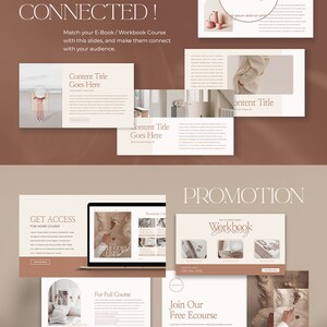 May include: A set of slides for an online course or workshop. The slides feature a minimalist design with a neutral colour palette of beige and brown. The slides include titles such as "Library Sources", "Make Them Connected", "Get Access", "Promotion", "Thank You", and "Frequently Asked Questions".