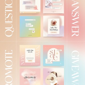 Puede incluir: Una colecci&oacute;n de plantillas de publicaciones en redes sociales con degradados en tonos pastel rosa, azul y amarillo. Las plantillas incluyen texto como "Pregunta y respuesta", "Preg&uacute;ntame lo que quieras", "Lanzamiento de nuevo producto", "Sorteo" y "Venta".