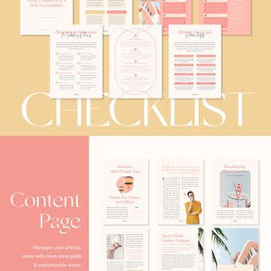May include: A checklist for a marketing plan with a pink and white colour scheme. The checklist includes sections such as "Measuring Relationships with Your Communities and Neighbours", "Business to Consumer Marketing Plans", "Achieve Your Goal", "Measure What People Say About You Online and Offline", "Social Media Content Analysis", and "Reaching the Right Audience".