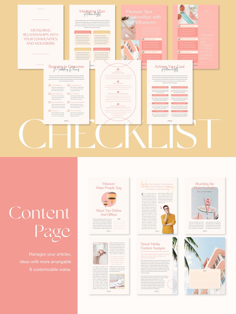 May include: A checklist for a marketing plan with a pink and white colour scheme. The checklist includes sections such as "Measuring Relationships with Your Communities and Neighbours", "Business to Consumer Marketing Plans", "Achieve Your Goal", "Measure What People Say About You Online and Offline", "Social Media Content Analysis", and "Reaching the Right Audience".