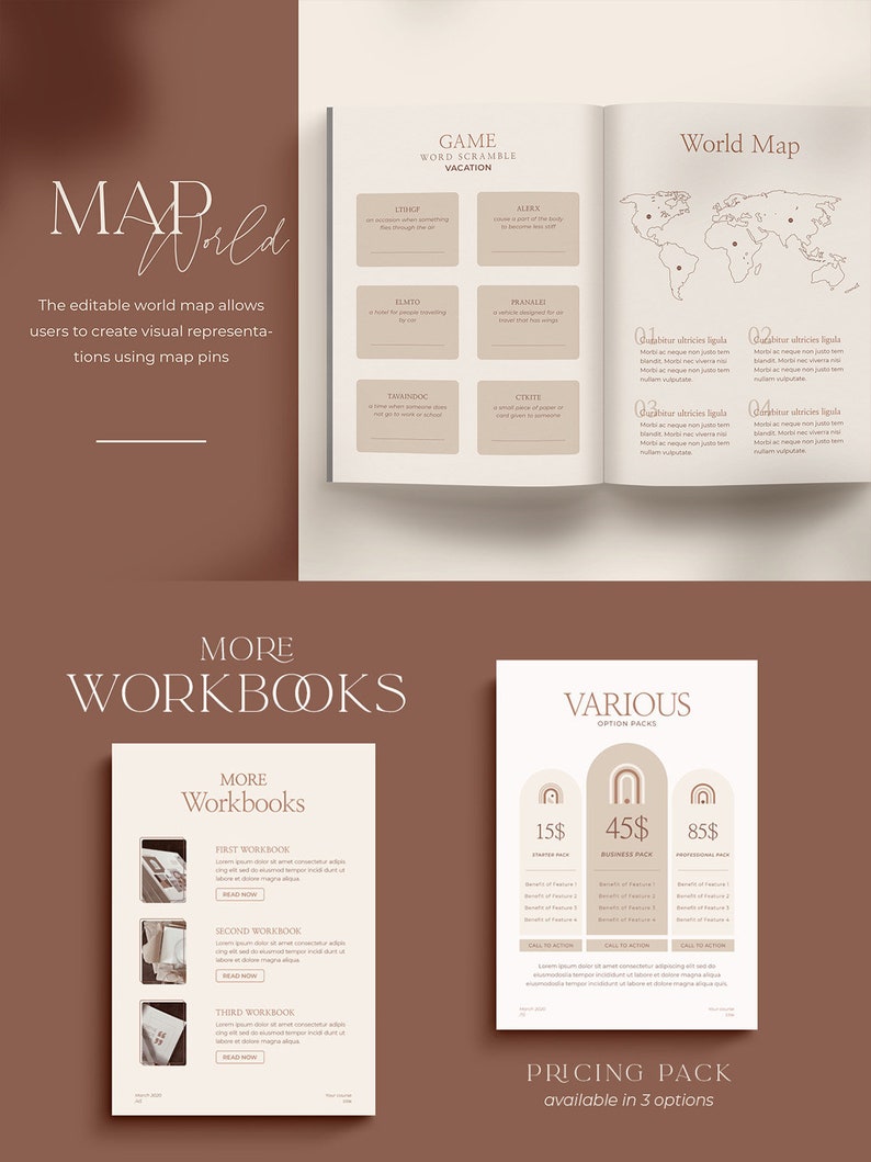 May include: A set of printable worksheets for a world map, word scramble game, and pricing options for various workbooks. The workbooks are described as "First Workbook", "Second Workbook", and "Third Workbook".