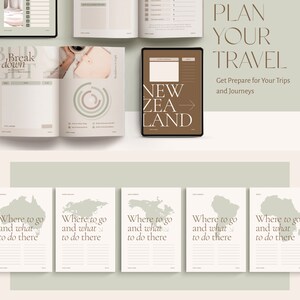 May include: A travel planner with a green background and the text "Plan Your Travel" in a brown box. The planner includes pages for setting goals, breaking down a budget, and planning trips to different countries. The text "All Around The World" is at the bottom of the page.