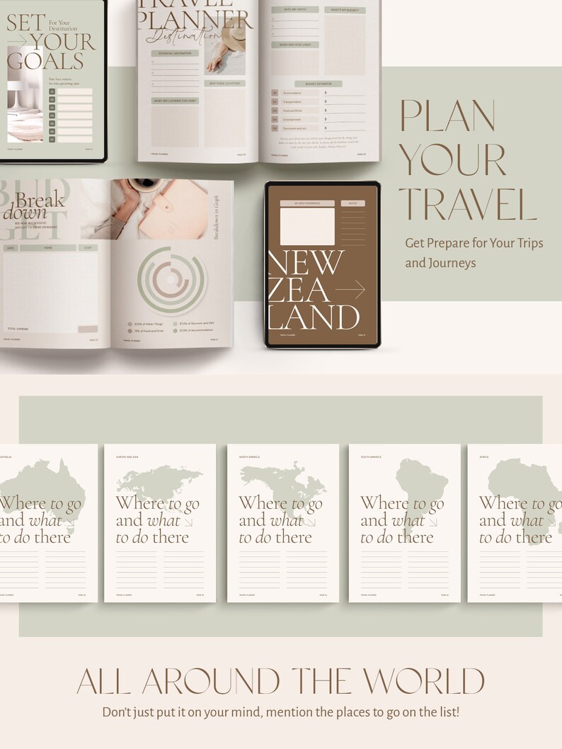 May include: A travel planner with a green background and the text "Plan Your Travel" in a brown box. The planner includes pages for setting goals, breaking down a budget, and planning trips to different countries. The text "All Around The World" is at the bottom of the page.