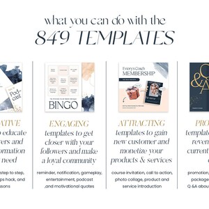 以下が含まれることがあります： 849個のテンプレートを使用できる4つの異なる方法を示すグラフィック。テンプレートは、情報提供、魅力的、魅力的、宣伝の4つのカテゴリに分類されます。各カテゴリには、作成できるコンテンツの種類の説明とともに、サンプルテンプレートが含まれています。