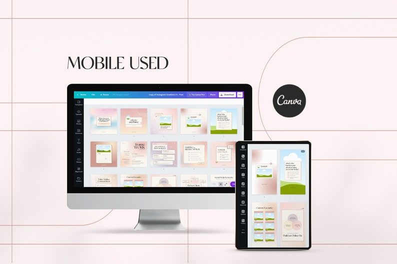 May include: A screenshot of a computer screen and a tablet displaying a Canva design project. The design project is a set of social media graphics with a pastel colour scheme and illustrations of clouds, grass, and flowers. The text on the graphics includes "Thank You", "Love You", and "Happy Birthday".