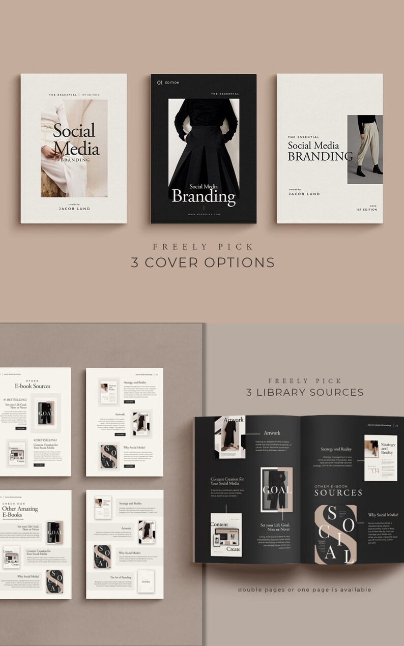 May include: A mockup of a book cover with the title "Social Media Branding" and the author's name "Jacob Lund". The cover features a black and white photo of a person wearing a black skirt and a white shirt. The book cover is designed in a minimalist style with a black background and white text.