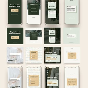 May include: A collage of nine images on a beige background, each showing a smartphone screen with a different design. The designs include a financial reminder app, a savings tips app, and a financial goals app. The images are all in a modern, minimalist style.