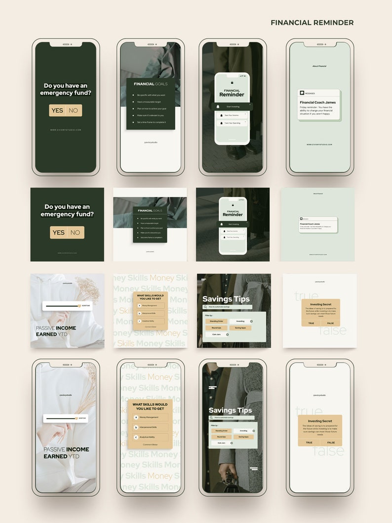 May include: A collage of nine images on a beige background, each showing a smartphone screen with a different design. The designs include a financial reminder app, a savings tips app, and a financial goals app. The images are all in a modern, minimalist style.