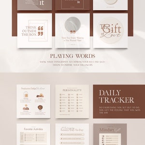 May include: A set of printable digital planner pages with a minimalist aesthetic. The pages include sections for a productive daily routine, personality traits, favorite activities, managing anxiety, and a daily tracker. The pages are designed in a neutral color palette of brown, beige, and white.