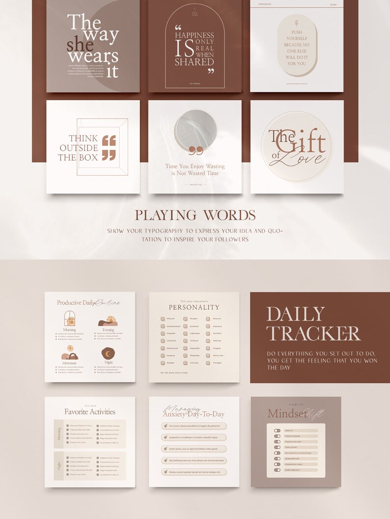 May include: A set of printable digital planner pages with a minimalist aesthetic. The pages include sections for a productive daily routine, personality traits, favorite activities, managing anxiety, and a daily tracker. The pages are designed in a neutral color palette of brown, beige, and white.