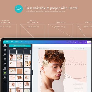 May include: A laptop screen displaying the Canva website with a design template for social media posts. The template features a photo of a person with a pink and brown color scheme and the text "Photographer Inspiration". The screen also shows a variety of other design templates.