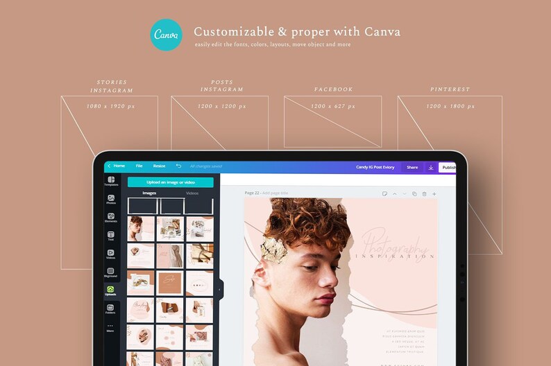 May include: A laptop screen displaying the Canva website with a design template for social media posts. The template features a photo of a person with a pink and brown color scheme and the text "Photographer Inspiration". The screen also shows a variety of other design templates.
