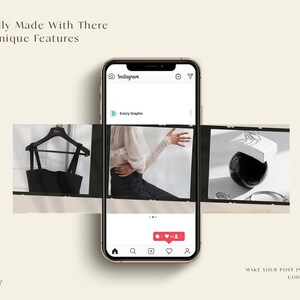 May include: A mockup of an Instagram post featuring three images. The first image shows a black sleeveless top on a hanger. The second image shows a person wearing a white top with a long sleeve. The third image shows a black and white still life with a round object and a white box.
