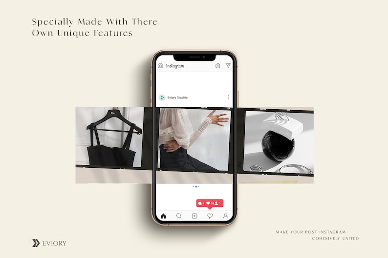 May include: A mockup of an Instagram post featuring three images. The first image shows a black sleeveless top on a hanger. The second image shows a person wearing a white top with a long sleeve. The third image shows a black and white still life with a round object and a white box.