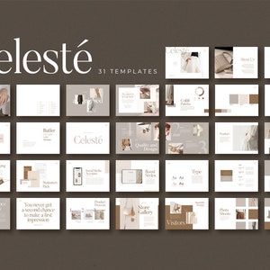 May include: A set of 31 templates for a brand guide, featuring a neutral colour palette of beige, brown, and white. The templates include sections for logo variations, packaging, stationery, social media, product process, store gallery, and visitors.