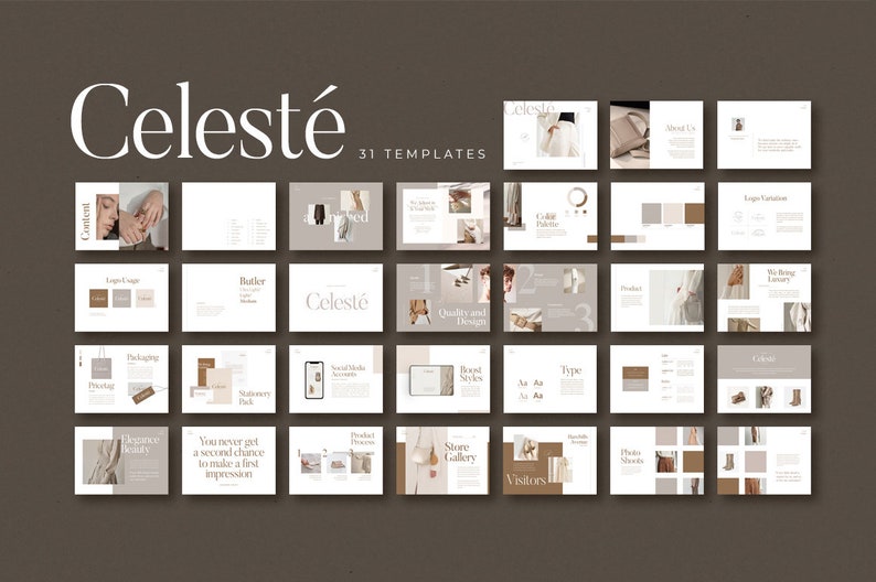 May include: A set of 31 templates for a brand guide, featuring a neutral colour palette of beige, brown, and white. The templates include sections for logo variations, packaging, stationery, social media, product process, store gallery, and visitors.