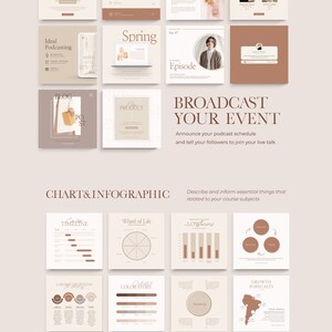 May include: A collection of beige and brown social media templates for a business or brand. The templates feature text such as "Win the Prize", "Ideal Podcasting", "Spring", "Broadcast Your Event", "Chart & Infographic", "Growth Forecasts", and "Wheel of Life".