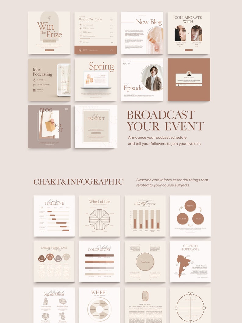 May include: A collection of beige and brown social media templates for a business or brand. The templates feature text such as "Win the Prize", "Ideal Podcasting", "Spring", "Broadcast Your Event", "Chart & Infographic", "Growth Forecasts", and "Wheel of Life".
