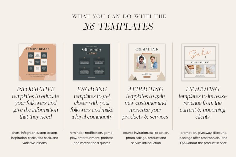 以下が含まれることがあります： 情報提供型、魅力的、魅力的、宣伝型の4種類のソーシャルメディアテンプレートを示すグラフィック。各テンプレートは異なるデザインで、各テンプレートで使用できるコンテンツの種類を説明するテキストが含まれています。