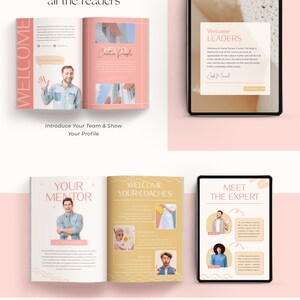 May include: A pink and yellow welcome guide for an online course. The guide includes a welcome message, a team introduction, and a meet the coach section. The guide also includes a welcome message for leaders and a meet the expert section.