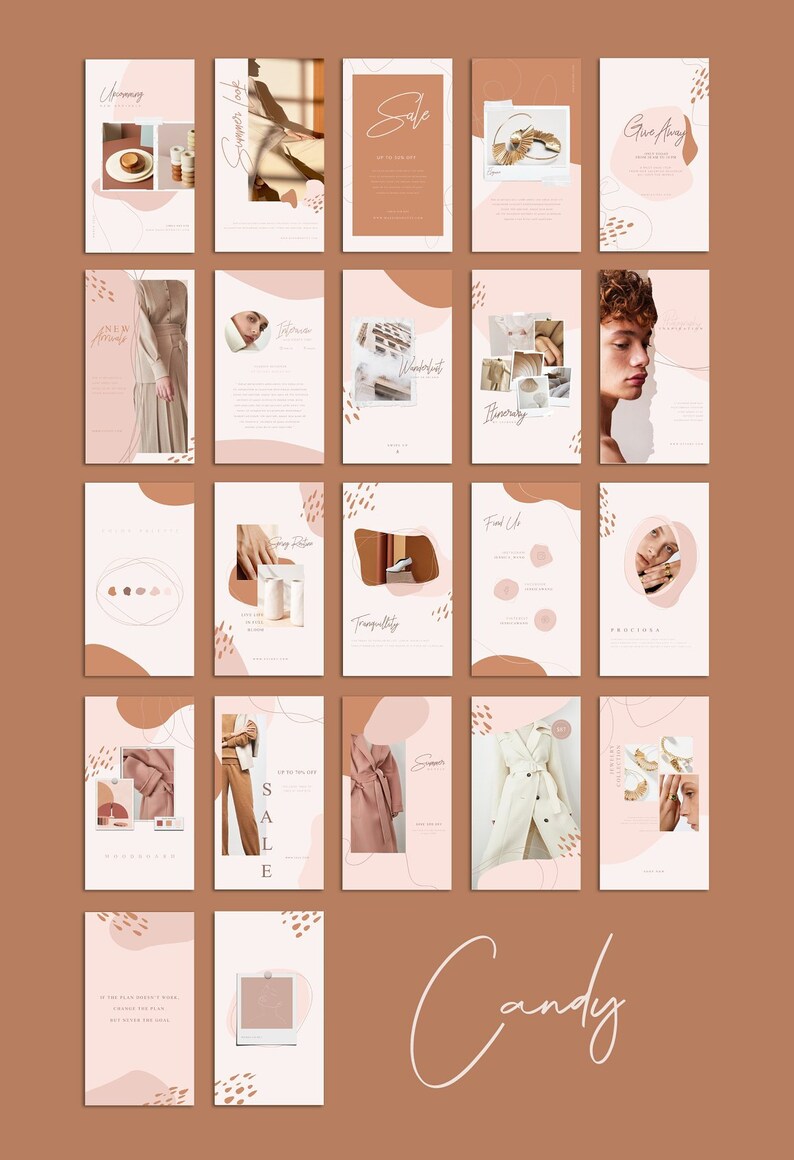 May include: A collection of Instagram story templates featuring a variety of designs with abstract shapes, lines, and text. The templates are in a neutral color palette of brown, beige, and white.