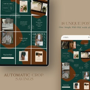 May include: A digital mockup of a phone and tablet screen displaying 18 unique social media post templates. The templates feature a green and brown color scheme with abstract shapes, text, and images. The text on the screen includes "NOW RE-OPEN", "NARISSE", "50% OFF", "Shop from Home", "7 days to go", "GRATEFUL", "Kindness Matters", and "Beautiful things await for those who are patient".