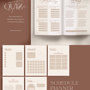May include: A printable planner with a beige background and brown text. The planner includes sections for weekly, monthly, and yearly tracking, as well as a daily tracker and a schedule planner. The text "QUIZ" is at the top of the page, and the text "REFRESH YOUR MEMORY" is at the top of the right page. The text "RESULT" is at the top of the right page. The text "SCHEDULE PLANNER" is at the bottom of the page.