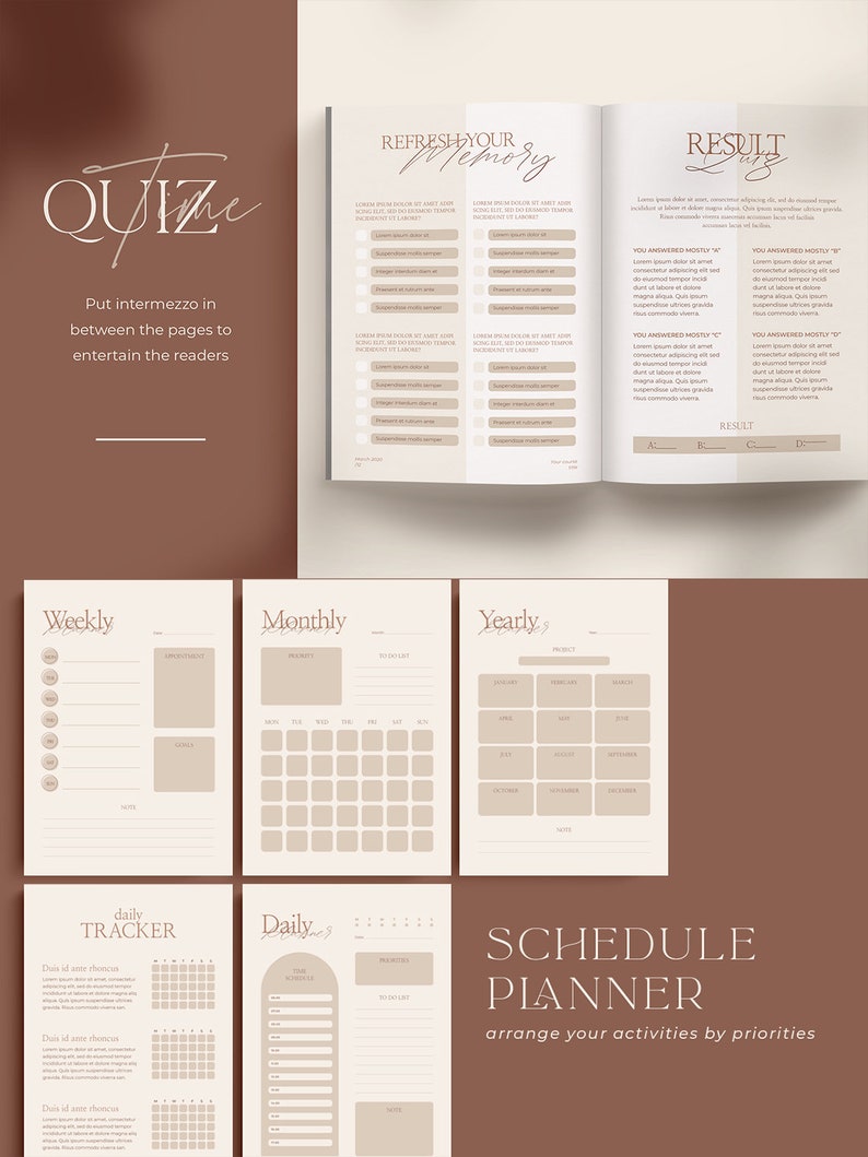 May include: A printable planner with a beige background and brown text. The planner includes sections for weekly, monthly, and yearly tracking, as well as a daily tracker and a schedule planner. The text "QUIZ" is at the top of the page, and the text "REFRESH YOUR MEMORY" is at the top of the right page. The text "RESULT" is at the top of the right page. The text "SCHEDULE PLANNER" is at the bottom of the page.