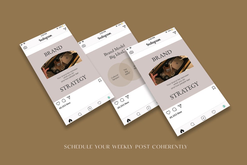 May include: Three Instagram post mockups with a light gray background and the text "BRAND STRATEGY" in black. The first post features a photo of a hand reaching into a box of jewelry. The second post features a Venn diagram with the text "Cultural Tension" and "The Big Idea 100%". The third post features a photo of a hand reaching into a box of jewelry.
