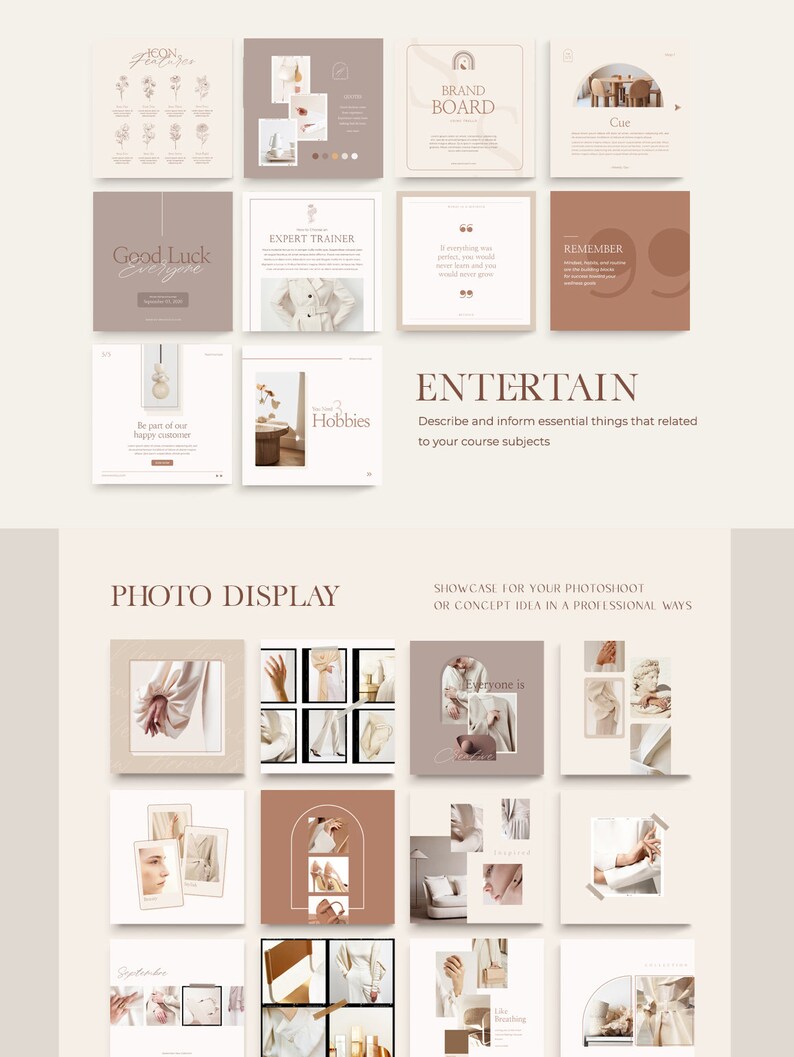 May include: A collage of images showcasing a variety of lifestyle and fashion photography. The images are arranged in a grid pattern and feature a neutral color palette of beige, brown, and white. The text "PHOTO DISPLAY" is at the top of the collage, and the text "SHOWCASE FOR YOUR PHOTOSHOOT OR CONCEPT IDEA IN A PROFESSIONAL WAYS" is at the bottom.