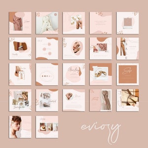 May include: A collection of 16 Instagram post templates featuring a minimalist aesthetic with a peach and brown color scheme. The templates feature abstract shapes, handwritten text, and product images. The text includes "Summer", "Give Away", "New Arrivals", "Sale", and "Understated".