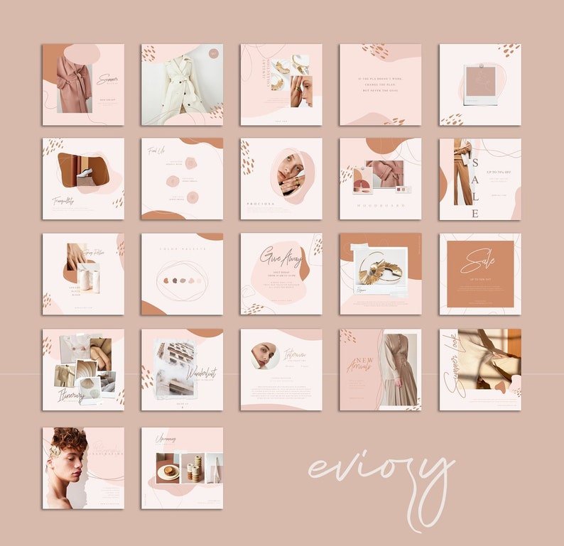 May include: A collection of 16 Instagram post templates featuring a minimalist aesthetic with a peach and brown color scheme. The templates feature abstract shapes, handwritten text, and product images. The text includes "Summer", "Give Away", "New Arrivals", "Sale", and "Understated".