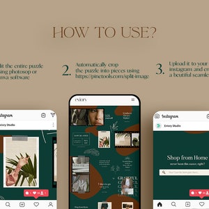 May include: A phone screen showing a tutorial on how to use a social media puzzle template. The template is made up of nine squares with different images and text. The text on the screen says "How to Use?" and includes instructions for editing the puzzle, cropping it into pieces, and uploading it to Instagram.