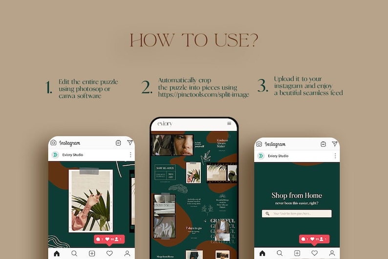 May include: A phone screen showing a tutorial on how to use a social media puzzle template. The template is made up of nine squares with different images and text. The text on the screen says "How to Use?" and includes instructions for editing the puzzle, cropping it into pieces, and uploading it to Instagram.