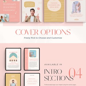 May include: Four different cover options for an ebook or workbook. The covers feature a variety of colours and designs, including a pink and white cover with the text "Relationships Behind Brand Engagement", a yellow and white cover with the text "Understanding Social Media Engagement", a yellow and white cover with the text "Engaging Customers Thru Social Media", and a blue and white cover with the text "Instagram Marketing Plan".