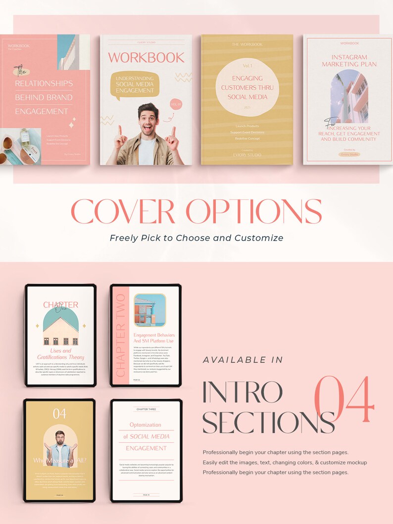 May include: Four different cover options for an ebook or workbook. The covers feature a variety of colours and designs, including a pink and white cover with the text "Relationships Behind Brand Engagement", a yellow and white cover with the text "Understanding Social Media Engagement", a yellow and white cover with the text "Engaging Customers Thru Social Media", and a blue and white cover with the text "Instagram Marketing Plan".