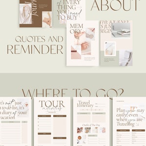 May include: A printable travel planner with a light brown and beige colour scheme. The planner includes sections for quotes and reminders, tour activities, travel itinerary, and planning your stay. The text "It's all about the journey" is featured on the cover.