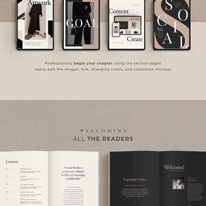 May include: A mockup of a digital book with four different intro sections, including artwork, goal, content, and social media. The book is open to a page with the text "Social Media is a one way solution to tell your branding worldwidely".