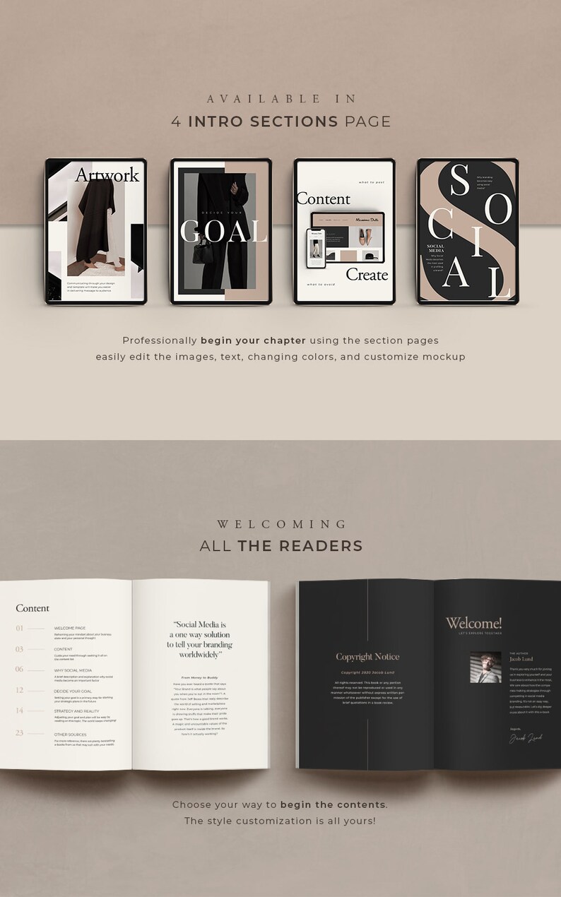 May include: A mockup of a digital book with four different intro sections, including artwork, goal, content, and social media. The book is open to a page with the text "Social Media is a one way solution to tell your branding worldwidely".